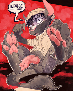 4_toes animal_genitalia animal_penis anthro balls beanie black_body black_fur black_hair bodily_fluids bottomless canine_genitalia canine_penis clothed clothing eyebrow_piercing facial_piercing feet foreshortening fur genital_fluids genitals gesture hair hand_gesture hat headgear headwear looking_at_viewer male pawpads paws penis piercing pink_pawpads pointing pointing_at_penis precum spots sweat sweaty_paws toes white_body white_fur animancer pleco canid canine fox hybrid mammal hi_res