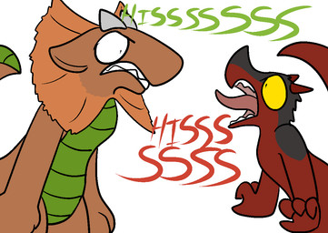 angry anthro duo frill_(anatomy) horn male membrane_(anatomy) membranous_frill nude open_mouth simple_background teeth text tongue trout_(artist) kobold scalie 2016 aliasing digital_media_(artwork)