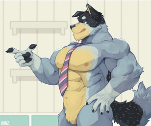 abs accessory anthro blue_body blue_fur floppy_ears fur hand_on_hip licking licking_lips male mature_male muscular necktie nipples null paws solo tail tongue tongue_out storm_ganz bluey_(series) bandit_heeler australian_cattle_dog canid canine canis cattledog domestic_dog herding_dog mammal pastoral_dog hi_res