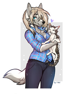 ambiguous_gender anthro black_bottomwear black_clothing black_nose black_pants black_stripes blue_clothing blue_eyes blue_jacket blue_topwear bottomwear breasts chest_tuft cleavage clothed clothing domestic_pet duo eyebrows eyelashes eyes_closed female feral fur furries_with_pets grey_body grey_fur hair happy heart_symbol jacket looking_aside medium_breasts pants simple_background smile standing striped_body striped_fur stripes tan_hair topwear tuft white_body white_fur f-r95 koul_fardreamer canid canine canis domestic_cat domestic_dog felid feline felis mammal 2021 absurd_res digital_media_(artwork) hi_res portrait three-quarter_portrait