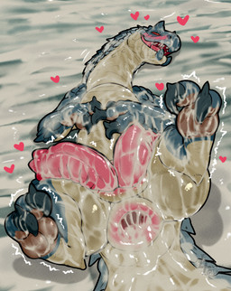 2_penises after_sex animal_genitalia animal_penis anus aroused blue_body blue_scales blush blush_lines bodily_fluids countershading cum cum_covered cum_everywhere cum_in_ass cum_in_mouth cum_inside cum_on_chest cum_on_face cum_on_feet cum_on_hand cum_on_penis cum_on_tail cum_string curling_toes feet feral gaping gaping_anus genital_fluids genital_slit genitals hand_on_belly heart_symbol hemipenes light_body light_scales lying male messy multi_genitalia multi_penis multicolored_body multicolored_scales on_back penis puffy_anus red_eyes scales solo spread_legs spreading tail text tongue tongue_out tremble_spikes luccatoasty capcom monster_hunter fanged_wyvern tobi-kadachi 2026 absurd_res artist_name colored digital_drawing_(artwork) digital_media_(artwork) hi_res shaded signature