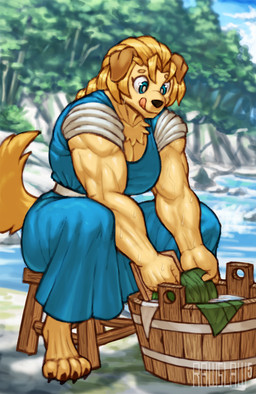 4_toes 5_fingers anthro barefoot biceps big_breasts big_muscles black_nose blonde_hair bodily_fluids breasts bucket clothing container dress feet female fingers forest fur hair hindpaw huge_arms humanoid_hands laundry muscular muscular_anthro muscular_female paws plant river rock sitting solo sweat tail tan_body tan_fur toes tongue tongue_out tree triceps water wooden_bucket rawslaw5 dog_knight_rpg jeane_(ceehaz) bird_dog canid canine canis domestic_dog golden_retriever hunting_dog mammal retriever hi_res