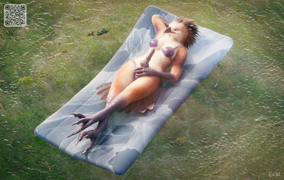 beach beachwear bikini bikini_bottom bikini_top bulge clothing genitals gynomorph inflatable_mattress intersex knot knotted_penis penis qr_code solo summer swimwear two-piece_swimsuit water wet conditional_dnp ev3d sierra_(pollard) accipitrid accipitriform aquatic avian bird eagle fish 3d_(artwork) digital_media_(artwork) hi_res