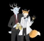 alcohol anthro antlers beer belt beverage bow_(feature) bow_tie bowler_hat classy clothed clothing coats duo eyewear formal fully_clothed fur glasses hat headgear headwear horn jackets pawpads simple_background smile standing suit sighmonk dis_the_fox sil canid canine fox mammal 2019 alpha_channel digital_media_(artwork) hi_res portrait three-quarter_portrait