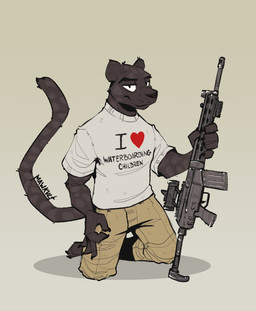 anthro black_body black_fur bottomwear clothing ears_up fur gesture gun hand_gesture heart_symbol holding_gun holding_object holding_ranged_weapon holding_rifle holding_weapon kneeling looking_at_viewer male ok_sign pants raised_tail ranged_weapon rifle shirt simple_background smile smiling_at_viewer solo tail text text_on_clothing topwear weapon mawkvlt felid mammal pantherine hi_res