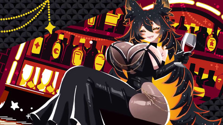 alcohol bar beverage black_hair black_sclera bouncing_breasts breasts chain choker cleavage clothed clothing container cross_eyes cup dress drinking_glass female glass glass_container glass_cup glistening glistening_breasts glistening_thighs hair hip_window jewelry lips long_hair multicolored_hair necklace orange_eyes orange_hair shoulderless_dress skimpy_dress solo stars_in_hair translucent translucent_clothing two_tone_hair wine wine_glass lp8000mao animal_humanoid canid canid_humanoid canine canine_humanoid fox_humanoid humanoid mammal mammal_humanoid 2d_animation animated motion_tweening short_playtime video