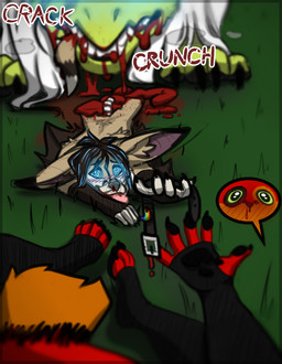 anthro bat_ears blood blood_in_mouth blush blush_lines bodily_fluids bone chewing collar entrails female gore grass group guts hard_vore hypnosis imminent_death intestines looking_at_viewer male mind_control nosebleed organs outside plant ringed_eyes severed_body_part severed_tail size_difference spine text tongue tongue_out trio vore willing_prey wings crystalwhisker metal_fox117 mythology ash_(metal_fox) crystal_(crystalwhisker) kiba_(crescentwolf) bat canid canine dragon fox hybrid mammal mythological_creature mythological_scalie scalie english_text hi_res
