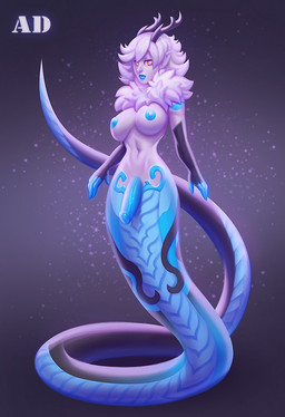 antlers apode breasts genitals gynomorph hair horn intersex legless navel nipples non-mammal_nipples orange_eyes penis serpentine solo split_form andyd animal_humanoid draconcopode humanoid lamia reptile reptile_humanoid scalie scalie_humanoid snake snake_humanoid 2022 digital_media_(artwork) hi_res