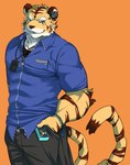 anthro big_muscles biped brown_body brown_eyes brown_fur brown_nose clothed clothing fully_clothed fur hand_in_pocket male muscular muscular_anthro muscular_male orange_background orange_body orange_fur pockets simple_background solo standing kenn utau oyupo_kogane felid mammal pantherine tiger hi_res