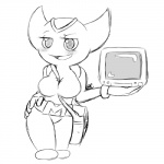 belt blush breasts clothed clothing crossgender electronics female hand_on_hip machine mtf_crossgender not_furry open_mouth short_stack simple_background smile solo standing strap_between_breasts television white_background wide_hips bluechika sega sonic_the_hedgehog_(series) sonic_x bokkun humanoid robot 1:1 digital_drawing_(artwork) digital_media_(artwork) monochrome sketch