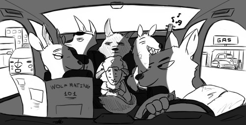 anthro bass_guitar building car city driving eyewear female fur gas_station group guitar inside_car inside_vehicle male musical_instrument musical_note musical_symbol plucked_string_instrument string_instrument sunglasses symbol vehicle wool_(fur) akella disney pack_street zootopia al_(weaver) avo_(weaver) betty_(weaver) charlie_(weaver) fan_character ozzy_(weaver) remmy_cormo velvet_roe_(weaver) bovid canid canine canis caprine deer domestic_sheep fox hyena jackal mammal sheep striped_hyena wolf hi_res monochrome