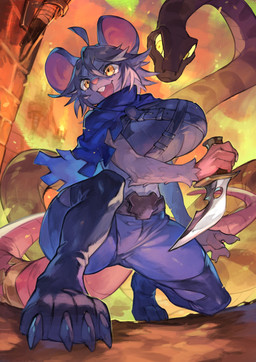 ambiguous_gender anthro belt big_breasts blue_cape blue_clothing bottomwear breasts buckteeth cape claws clothing crouching dagger duo female feral fire front_view fur grey_body grey_fur holding_dagger holding_melee_weapon holding_object holding_weapon huge_breasts low-angle_view melee_weapon open_mouth pants smile tail teeth thick_thighs weapon wide_hips worm's-eye_view yellow_eyes wolftapioca mammal reptile rodent scalie snake 2024 absurd_res digital_media_(artwork) hi_res