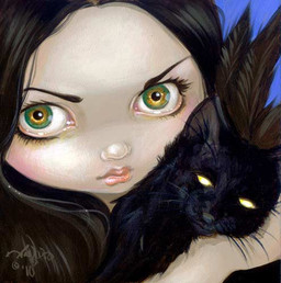 ambiguous_gender black_body black_fur duo eyebrows eyelashes feathers female feral fur green_eyes hair lips long_hair multicolored_eyes pink_lips pupils simple_background yellow_eyes jasmine_becket-griffith domestic_cat felid feline felis human mammal 2010 dated formal_art low_res painting_(artwork) traditional_media_(artwork) traditional_painting_(artwork)