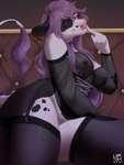 anthro black_body black_fur breasts clothing corset female fur garter_straps hair heart_(marking) legwear lingerie looking_at_viewer markings nipples one_eye_closed purple_hair solo tail tail_tuft thigh_highs topwear translucent translucent_clothing tuft white_body white_fur wink lnkjk.png beatrix_devil_(character) bovid bovine cattle mammal hi_res