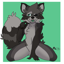 animated_gif anthro chest_scar ear_flick fluffy fluffy_tail fur green_eyes green_tongue grey_body grey_fur kneeling male one_eye_closed scar simple_background solo tail tail_motion tailwag teeth teeth_showing tongue wink ghostar656 victor_(mrmoopne) mammal procyonid raccoon absurd_res animated hi_res shaded short_playtime watermark