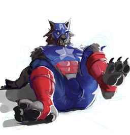 anthro biped blue_clothing bodily_fluids boots bulge clothing costume detailed_bulge drooling feet footwear fur hindpaw hypnosis male male_anthro mask mind_control pawpads paws red_boots red_clothing red_footwear saliva shoes simple_background solo superhero_costume white_background saudax7 marvel captain_america capwolf canid canine canis mammal wolf digital_media_(artwork) hi_res