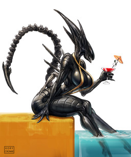 alcohol beverage big_breasts breasts cleavage clothed clothing eyeball female one-piece_swimsuit side_boob sling_bikini smile solo swimming_pool swimwear tail thick_thighs under_boob wide_hips kory_cromie alien_(franchise) alien xenomorph xenomorph_queen 5:6 hi_res