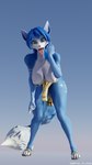 anthro big_breasts blue_body blue_fur blue_hair bottomwear breasts clothed clothing clothing_aside female fur hair loincloth looking_at_viewer nipples open_mouth simple_background solo suggestive tongue tongue_out white_body white_fur zombies_in_soup circle_game nintendo star_fox warfare_machine krystal_(star_fox) warfare_krystal canid canine fox mammal 3d_(artwork) 9:16 digital_media_(artwork) hi_res