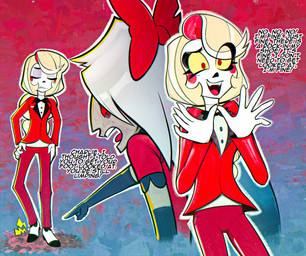 abstract_background accessory armwear black_bow_tie black_clothing black_eyebrows black_footwear black_gloves black_handwear black_nose black_shoes black_text blonde_hair blush blush_stickers bottomwear bow_ribbon bow_tie clenched_teeth clothing dialogue duo elbow_gloves emanata eyebrows eyes_closed female female_humanoid footwear gesture gloves grey_body grey_hair grey_skin hair hair_accessory hair_bow hair_ribbon hand_gesture hands_on_own_hips handwear long_hair long_sleeves multicolored_clothing multicolored_footwear multicolored_shoes not_furry outline pants pointing red_bottomwear red_bow red_clothing red_eyes red_pants red_suit ribbons shirt shoes suit talking_to_another teeth text topwear two_tone_clothing two_tone_footwear two_tone_shoes white_body white_clothing white_footwear white_outline white_shirt white_shoes white_skin white_topwear yellow_sclera drockdraw hazbin_hotel hellaverse charlie_morningstar vaggi_(hazbin_hotel) demon demon_humanoid humanoid 2026 english_text hi_res