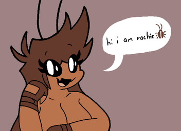 antennae_(anatomy) anthro big_breasts black_eyes breasts brown_body brown_clothing brown_fingerless_gloves brown_gloves brown_hair brown_handwear clothing dialogue emoji eye_through_hair eyebrow_through_hair eyebrows eyelashes featureless_breasts female fingerless_gloves fingers gloves hair hand_on_cheek handwear happy mostly_nude non-mammal_breasts open_mouth open_smile smile solo speech_bubble text three-quarter_view translucent translucent_hair imbynova rachie_(imbynova) arthropod blattodean cockroach insect aliasing binary_drawing digital_drawing_(artwork) digital_media_(artwork) english_text hi_res