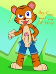 abstract_background anthro balls blue_eyes bottomwear clothing erection fangs fur genitals gesture hand_gesture looking_at_viewer male orange_body orange_fur penis pointing pointing_at_penis pointing_at_self shorts solo striped_body striped_fur stripes teeth tongue tongue_out darkajugin activision crash_bandicoot_(series) crash_boom_bang! pura_(crash_bandicoot) felid mammal pantherine tiger hi_res