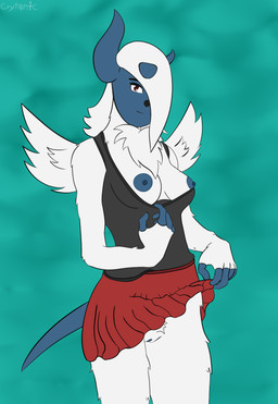 anthro anthrofied breasts clothed clothing clothing_lift clothing_pull exposed_breasts female genitals looking_at_viewer medium_breasts nipples pokemorph presenting solo teasing vulva crytonic nintendo pokemon generation_6_pokemon mega_absol mega_evolution pokemon_(species) absurd_res hi_res