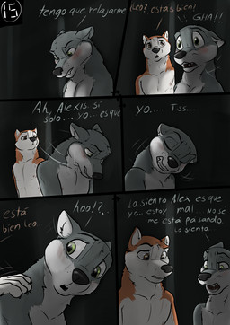 aisle anthro biped brown_eyes dialogue duo ears_back ears_up embarrassed green_eyes looking_back male male/male male_anthro nipples pivoted_ears scared text wolfyalex96 alex_(wolfyalex96) leo_(wolfyalex96) alaskan_malamute canid canine canis domestic_dog mammal nordic_sled_dog spitz wolf hi_res spanish_text translation_check translation_request
