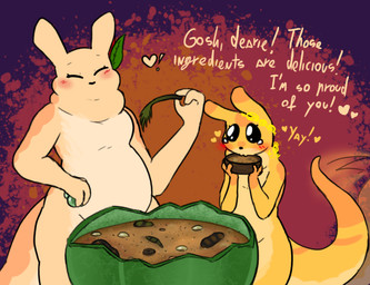 ambiguous_gender anthro belly blush bowl container cooking duo eating eating_food female food happy heart_symbol plant simple_background smile soup tail text yellow_body kawattame rain_world videocult gourmand_(rain_world) monk_(rain_world) mammal slugcat digital_media_(artwork) english_text