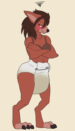ageplay anthro black_nose blush bodily_fluids bra brown_body brown_bra brown_clothing brown_fur brown_hair brown_underwear cloth_diaper clothed clothing crossed_arms diaper digitigrade eyelashes female female_anthro fur genital_fluids glistening glistening_eyes grumpy hair infantilism mouth_closed orange_eyes roleplay safety_pin simple_background solo standing tan_background teeth unclean_diaper underwear urine used_diaper wearing_diaper wet_diaper white_diaper hardscales blizzard_entertainment warcraft canid mammal werecanid werecreature worgen full-length_portrait hi_res portrait