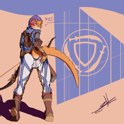 anthro archer blue_eyes bottomwear bow_(weapon) butt clothing desert female genitals heat_(temperature) hotpants orange_body pants ranged_weapon shorts solo translucent vulva weapon foxmelra microsoft the_elder_scrolls the_elder_scrolls_online alikr hajjeke argonian scalie 1:1 2022 dated hi_res
