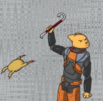 anthro crowbar duo female hev_suit holding_crowbar holding_object improvised_weapon tools weapon noxid bethesda_game_studios half-life microsoft oblivion prequel_adventure the_elder_scrolls valve gordon_freeman katia_managan felid headcrab khajiit mammal 2011 crossover