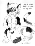 anthro breasts dialogue female fur hair nipples nude open_mouth solo text young bernard_doove quickpaw chakat felid felid_taur mammal mammal_taur taur 1998 english_text greyscale low_res monochrome herm_(lore)