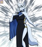 anthro black_nose blue_eyes breasts cleavage clothed clothing dress female fur hair solo white_body white_fur white_hair foxenawolf canid canine canis mammal wolf