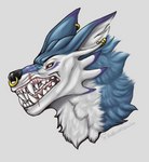 anthro facial_piercing male nose_piercing nose_ring piercing ring_piercing showing_teeth simple_background solo white_background huniiheart_(artist) bandai_namco digimon mythology fengo canid canine digimon_(species) mammal mythological_canine mythological_creature werecanid werecanine werecreature weregarurumon werewolf headshot_portrait hi_res portrait signature