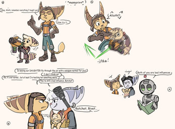 anthro bad_parenting book cybernetic_arm cybernetic_limb dialogue ellipsis eyewear eyewear_on_head female fluffy fluffy_tail goggles goggles_on_head green_eyes group gun machine male markings ranged_weapon ring_(marking) ringed_tail striped_markings striped_tail stripes tail tail_markings tail_tuft text thin_tail tuft weapon time_fluffy500 ratchet_and_clank sony_corporation sony_interactive_entertainment alioth_(time_fluffy500) clank_(ratchet_and_clank) ratchet_(ratchet_and_clank) rivet_(ratchet_and_clank) lombax mammal robot comic english_text hi_res daughter_(lore) father_(lore) father_and_child_(lore) father_and_daughter_(lore) mother_(lore) mother_and_child_(lore) mother_and_daughter_(lore) parent_(lore) parent_and_child_(lore) parent_and_daughter_(lore)