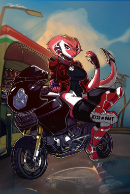 anthro female motorcycle solo sunset tropical vehicle raydrawsx senna_ryne hybrid reptile scalie snake hi_res