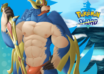 2019 abs anthro biceps blue_body blue_fur bottomwear bulge canid canine clothed clothing crowned_sword_zacian fur hamili holding_object holding_sword holding_weapon legendary_pokémon looking_at_viewer male mammal melee_weapon metal muscular muscular_anthro muscular_male nintendo nipples pokémon pokémon_(species) pokémorph sea solo standing sword thong underwear video_games water wave weapon zacian