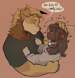 anthro bell bell_collar black_nose blonde_hair brown_background brown_body brown_clothing brown_ears brown_fur brown_hair brown_neck brown_shirt brown_t-shirt brown_topwear button_ears closed_smile clothed clothed_anthro clothed_female clothed_male clothing collar dialogue duo eye_contact female floppy_ears fur grey_clothing grey_shirt grey_topwear hair headpat heart_(marking) heart_symbol looking_at_another male markings mouth_closed multicolored_body multicolored_fur nodding petting pink_collar purring shirt simple_background smile t-shirt talking_to_another tan_body tan_fur tan_markings teeth text tongue tongue_out topwear yellow_body yellow_fur chewtoyys biscuit_(chewtoyys) lucky_(chewtoyys) bird_dog canid canine canis domestic_cat domestic_dog felid feline felis golden_retriever hunting_dog mammal mixed_breed retriever 2025 absurd_res english_text half-length_portrait hi_res portrait nonbinary_(lore)