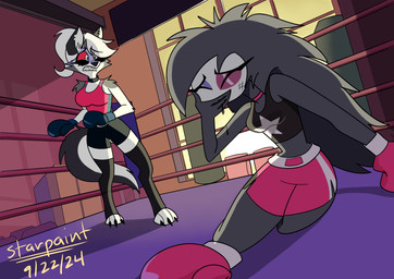 absolute_territory anthro athletic_wear black_blood black_body black_bottomwear black_clothing black_collar black_hair black_shirt black_shorts black_tank_top black_topwear blood blue_blush blush bodily_fluids bottomwear boxing boxing_attire boxing_gloves bruised bruised_eye choker clothed clothed_anthro clothed_female clothing collar colored_blood covering covering_mouth digitigrade duo ear_piercing eyes_closed eyeshadow female fighting_ring fur hair handwear inside jewelry legwear makeup midriff necklace notched_ear piercing pink_bottomwear pink_choker pink_clothing pink_jewelry pink_necklace pink_shirt pink_shorts pink_tank_top pink_topwear ponytail red_sclera remorse scuff_marks shirt shorts sport tank_top thigh_highs toeless_legwear toeless_stockings topwear unusual_blood unusual_bodily_fluids white_body white_eyes white_face white_fur white_hair starpaintart hellaverse helluva_boss mythology loona_(helluva_boss) octavia_(helluva_boss) avian avian_demon bird canid canid_demon canine demon hellhound mammal mythological_canine mythological_creature owl owl_demon 2024 absurd_res hi_res