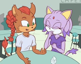 anthro biped braided_hair cafeteria clothed clothing duo eyes_closed female fingers fur furniture hair hair_down high_school laugh male open_mouth purple_body purple_fur school smile table teeth topwear loshon sega sonic_the_hedgehog_(series) blaze_the_cat fan_character domestic_cat felid feline felis lion mammal pantherine 2020 absurd_res digital_media_(artwork) hi_res