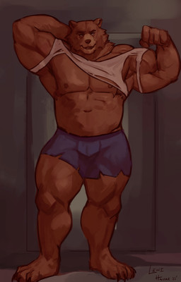 4_toes 5_fingers after_transformation anthro barefoot biceps big_muscles biped black_claws boxers_(clothing) broad_shoulders brown_body brown_fur brown_nose bulge calf_muscles cheek_tuft claws clothing destroyed_clothing doorway facial_tuft feet fingers fist flexing flexing_bicep fur hand_behind_head implied_growth implied_transformation inside looking_at_viewer male musclegut muscular muscular_anthro muscular_male nipples open_mouth paws pecs plantigrade pose sharp_teeth shirt smile snout solo standing stocky teeth thick_limbs tight_boxers tight_clothing tight_shirt tight_topwear tight_underwear toe_claws toes topwear torn_boxers torn_clothing torn_shirt torn_topwear triceps tuft underwear lewi_haidar marcus_(twistedfate03) bear brown_bear kodiak_bear mammal ursine werecreature wereursid 2025 hi_res shaded warm_colors