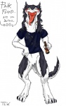 4_toes 5_fingers alcohol ambiguous_gender band_merch beverage bottle clothing container feet fingers holding_bottle holding_container holding_object looking_at_viewer open_mouth scar shirt solo tail text toes tongue tongue_out topwear tristikov pink_floyd rain_silves mammal sergal