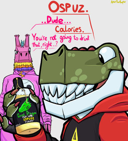 anthro big_teeth dialogue duo female green_body green_skin leaking lube lube_bottle male male/female pinata pink_body smile aptertheraptor bad_dragon the_finals animate_inanimate camelid dinosaur living_pinata llama mammal prehistoric_species reptile scalie absurd_res hi_res