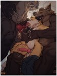 anal anal_penetration animal_genitalia animal_penis anthro anthro_on_anthro anthro_penetrated anthro_penetrating anthro_penetrating_anthro assisted_oral balls big_dom_small_sub big_penis bodily_fluids bottomwear bottomwear_down canine_genitalia canine_penis clothed clothing cum cum_in_ass cum_in_mouth cum_inflation cum_inside dominant drooling ejaculation erection fangs fellatio genital_fluids genitals group group_sex inflation knot knotted_penis low-angle_view male male/male male_penetrated male_penetrating male_penetrating_male muscular muscular_anthro muscular_male oral oral_penetration pants pants_down partially_clothed penetration penile penile_penetration penis saliva sex size_difference smaller_penetrated teeth threesome trio yellow_eyes hinar_miler mythology draxler canid canine fox mammal mythological_canine mythological_creature werecanid werecanine werecreature werewolf absurd_res hi_res