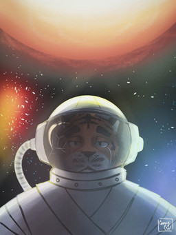anthro astronaut black_body black_fur bodily_fluids countershade_face countershading detailed_background fur imminent_death looking_at_viewer male male_anthro multicolored_body multicolored_fur orange_body orange_fur solo space spacesuit sun tears white_body white_fur ambrecream felid mammal pantherine tiger 2020 hi_res signature