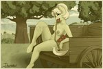 2022 aged_down anthro anthrofied apple apple_in_mouth areola artist_name basket blonde_hair breasts cart cloud container detailed_background doggomeatball earth_pony equid equine female food friendship_is_magic fruit granny_smith_(mlp) grass hair half-closed_eyes hasbro hi_res horse looking_at_viewer mammal monochrome my_little_pony narrowed_eyes nipples nude open_mouth open_smile outside photo pinup plant pony pose sepia short_hair signature sitting sky smile solo tree