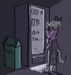 anthro bottomwear clothed clothing female shirt skirt solo tail tail_under_skirt topwear trash_can vending_machine yamabat american_opossum mammal marsupial