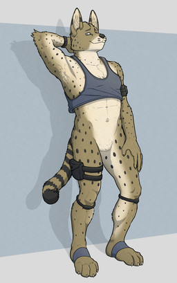 abs ambiguous_gender anthro areola areola_slip armpit_hair body_hair bottomless clothed clothing crop_top crotch_tuft dipstick_tail featureless_crotch gear hand_behind_head looking_at_viewer looking_down looking_down_at_viewer male markings midriff navel null shadow shirt smile solo spots spotted_body standing striped_markings striped_tail stripes tail tail_markings thigh_pouch topwear tuft aitch simon_(aitch) felid feline mammal serval 2022 absurd_res digital_media_(artwork) hi_res