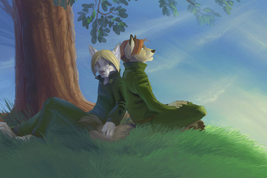 anthro clothing cloud duo male nature outside plant sky sunset tail tree uniform wood hibbary canid canine canis mammal wolf 3:2
