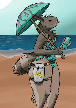 anthro arthropod_abdomen bag beach beverage big_butt blep bulge butt can clothing container femboy fluffy fluffy_butt male neck_tuft one-piece_swimsuit pouch_(anatomy) pouch_purse solo straps swimsuit_only swimwear tea thick_thighs thigh_bag tongue tongue_out tuft umbrella trichternet arizona_iced_tea kab_(trichternet) arthropod insect lepidopteran moth absurd_res hi_res